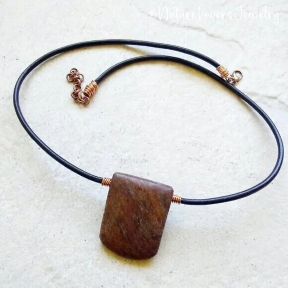 Rugged & Masculine!  Striated Brown Jasper Tablet + Genuine Leather Cord 20+2